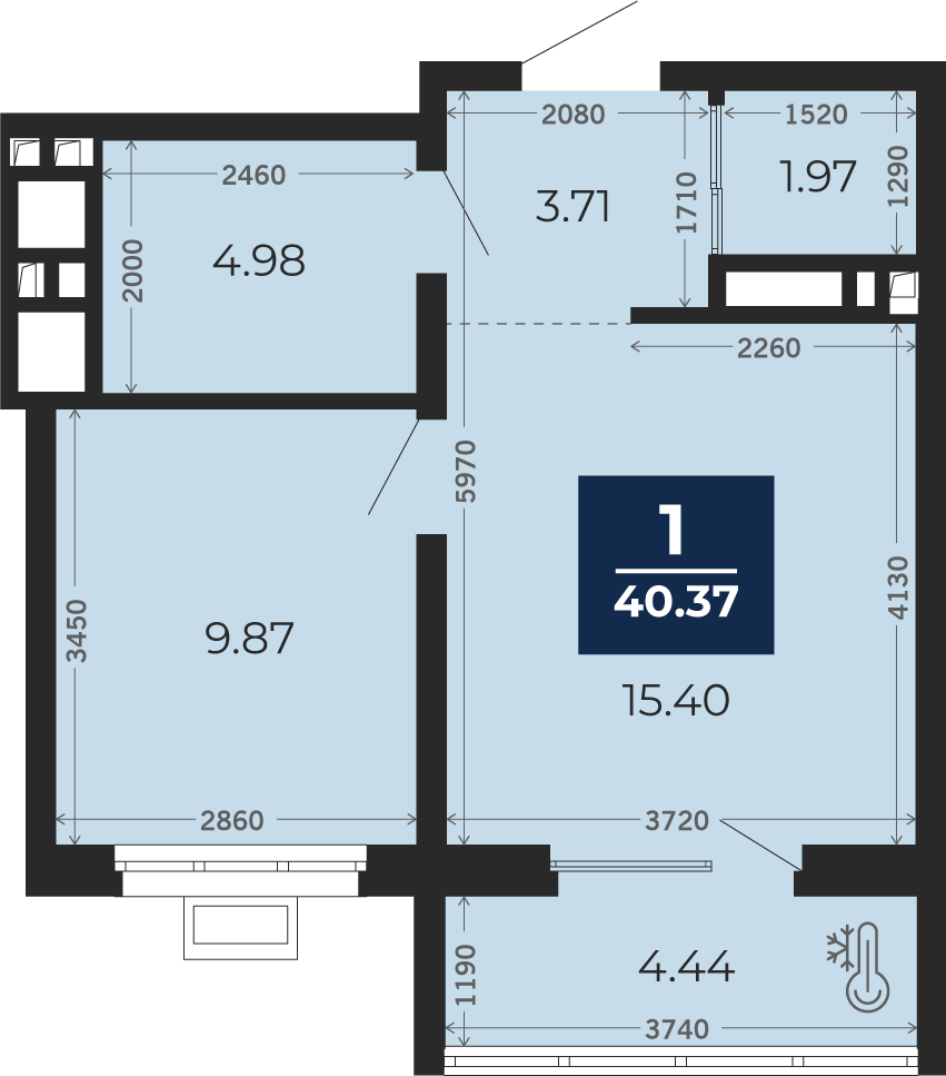 Квартира № 311, 1-комнатная, 40.37 кв. м, 18 этаж