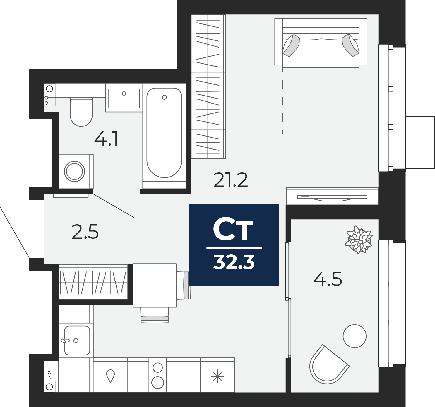 Квартира № 547, Студия, 32.98 кв. м, 21 этаж