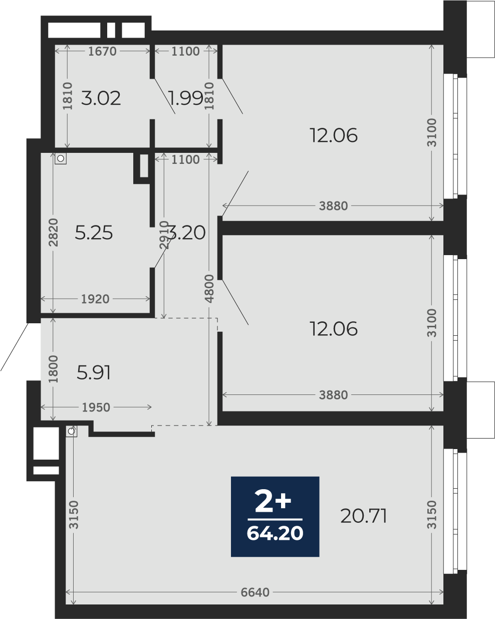 Квартира № 91, 2-комнатная, 64.2 кв. м, 1 этаж