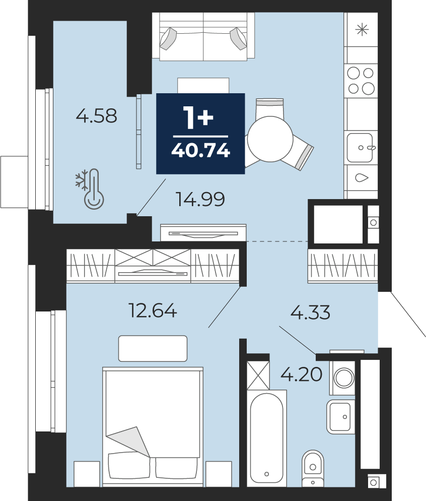 Планировка: Евродвушка 40.7 м² в ЖК Мириады, Мыс