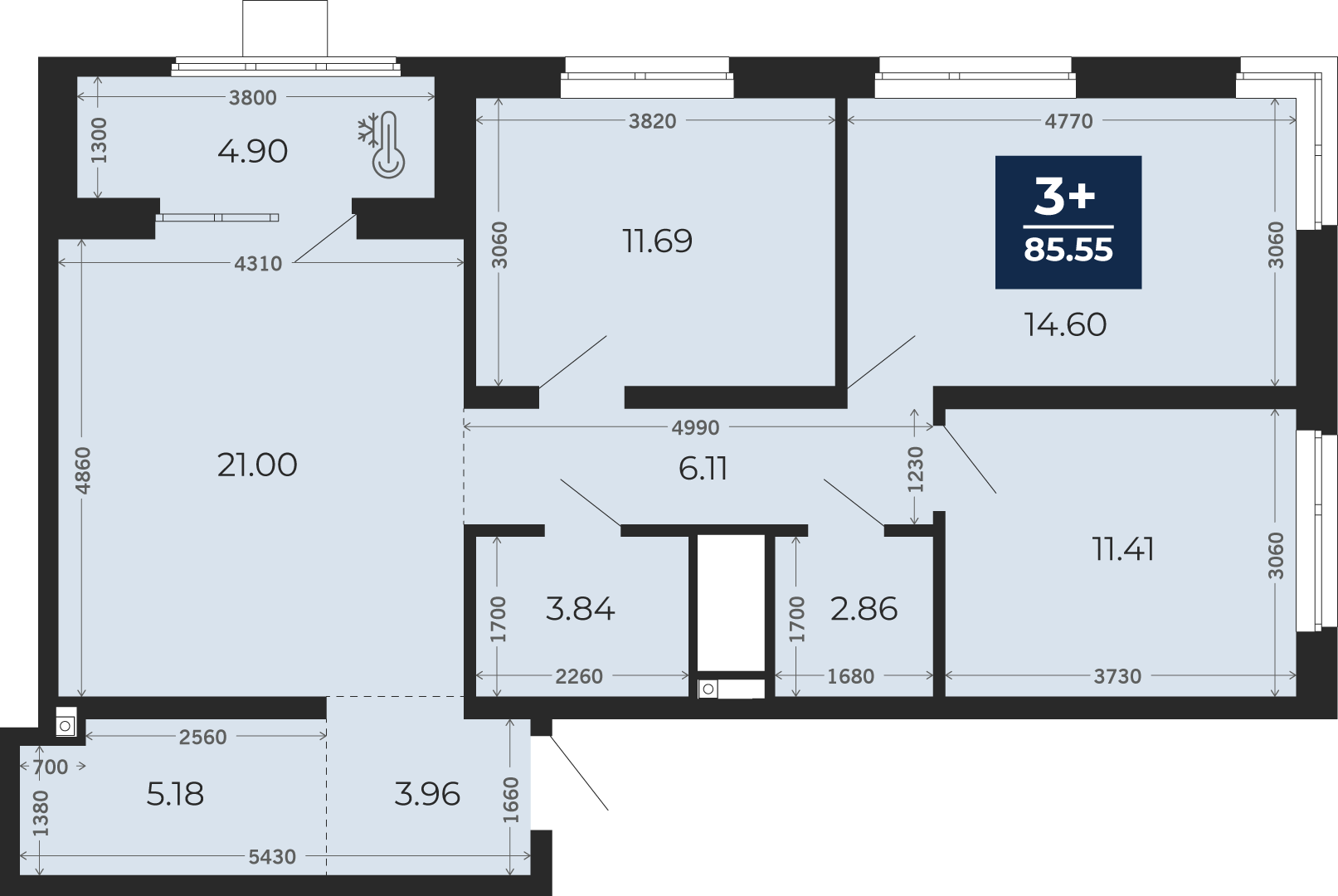 Квартира № 49, 3-комнатная, 85.55 кв. м, 8 этаж