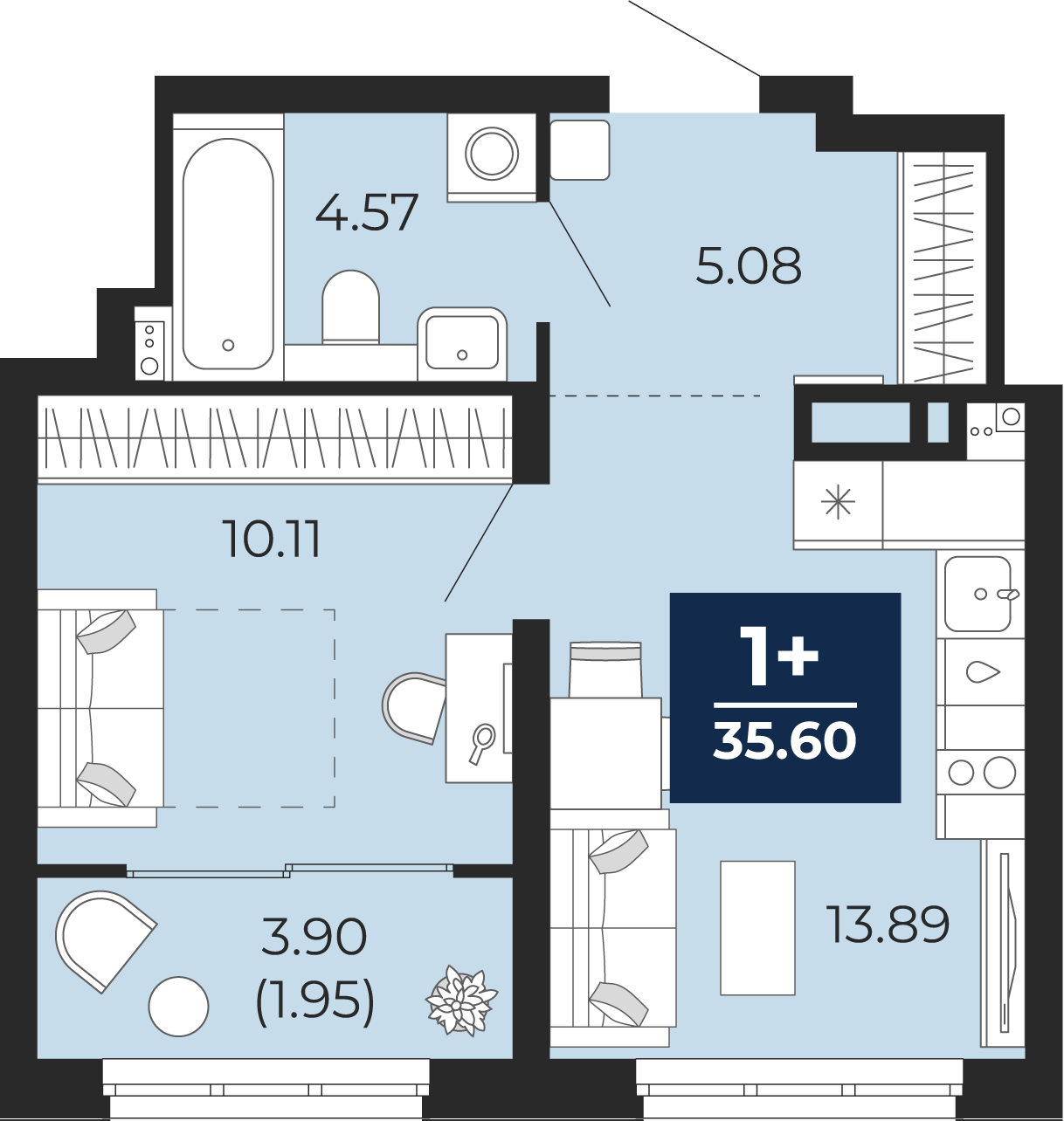 Квартира № 410, 1-комнатная, 35.6 кв. м, 10 этаж