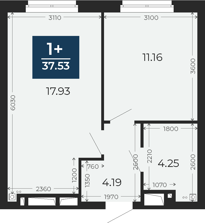 Квартира № 159, 1-комнатная, 37.53 кв. м, 13 этаж
