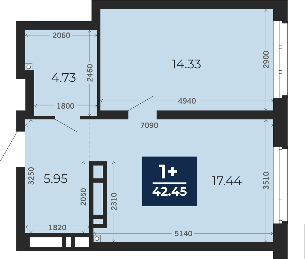 Квартира № 90, 1-комнатная, 42.45 кв. м, 1 этаж