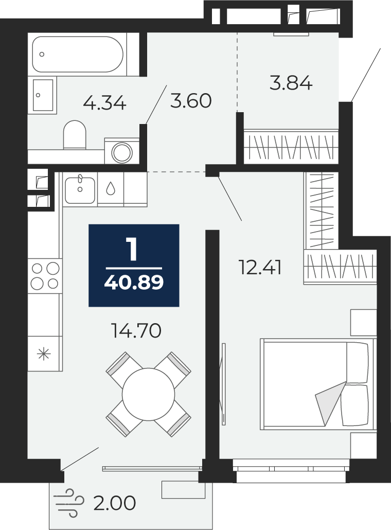 Квартира № 5, 1-комнатная, 40.89 кв. м, 2 этаж