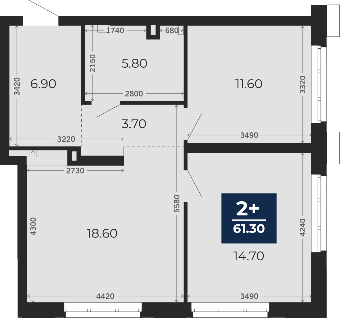 Квартира № 299, 2-комнатная, 61.3 кв. м, 2 этаж