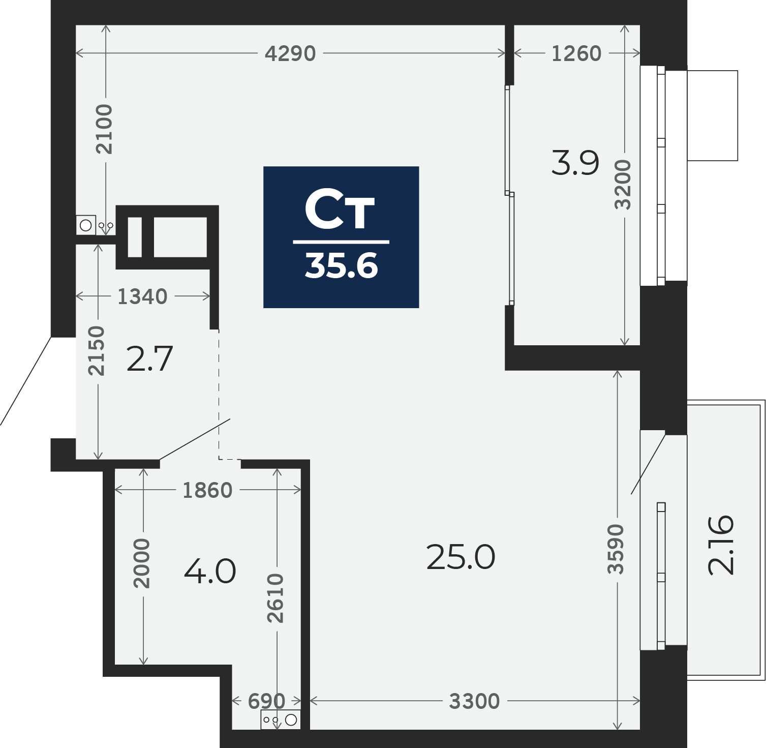 Квартира № 299, Студия, 38.48 кв. м, 11 этаж