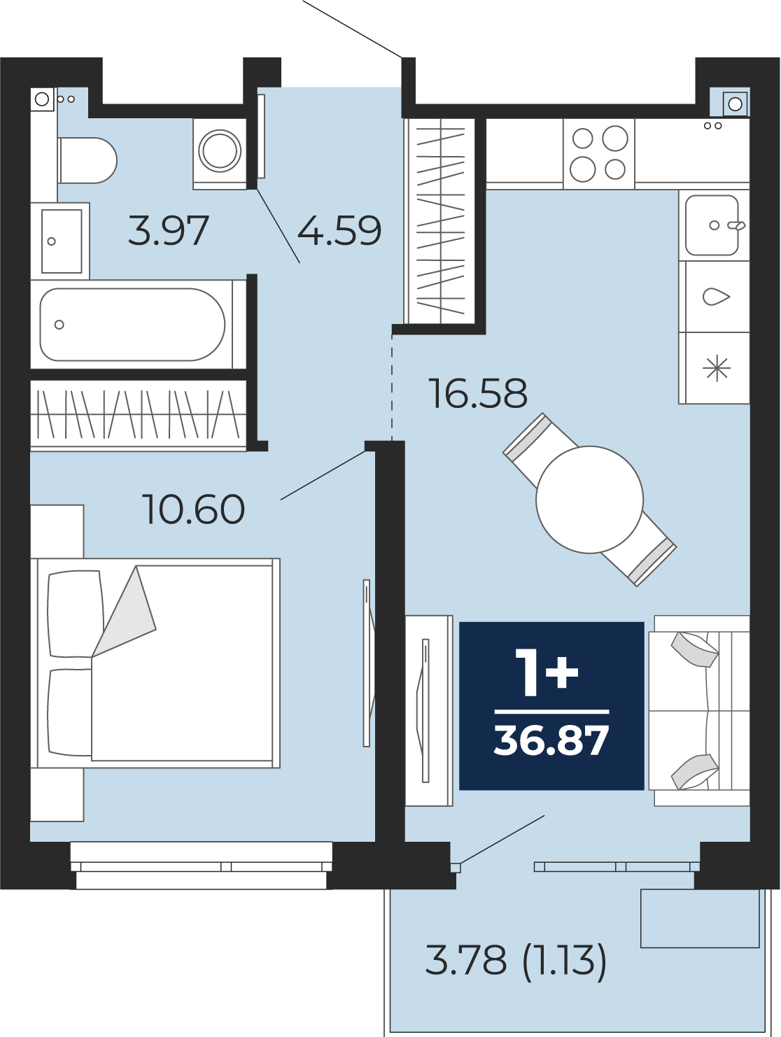 Квартира № 126, 1-комнатная, 36.87 кв. м, 2 этаж