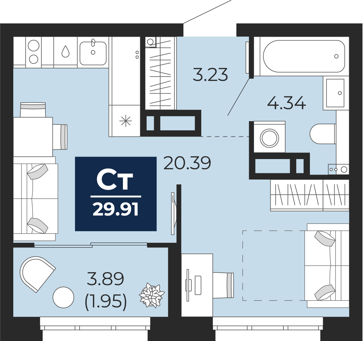 Квартира № 15, Студия, 29.91 кв. м, 4 этаж