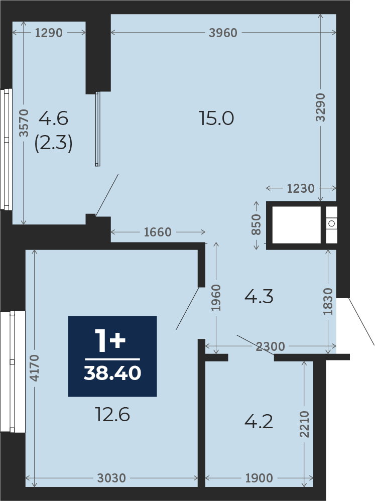 Квартира № 39, 1-комнатная, 38.4 кв. м, 6 этаж