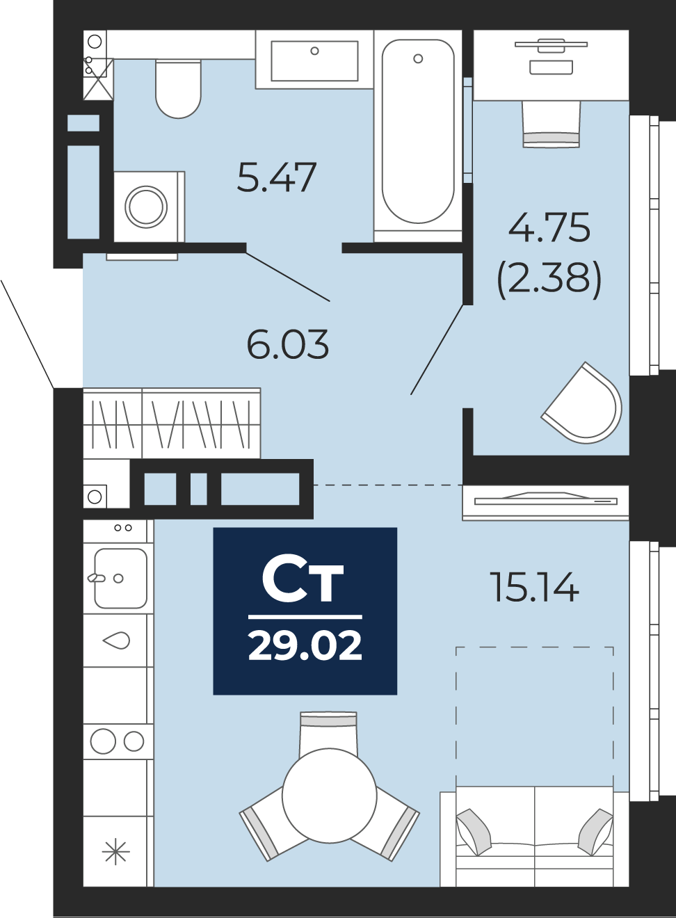 Квартира № 438, Студия, 31.39 кв. м, 21 этаж