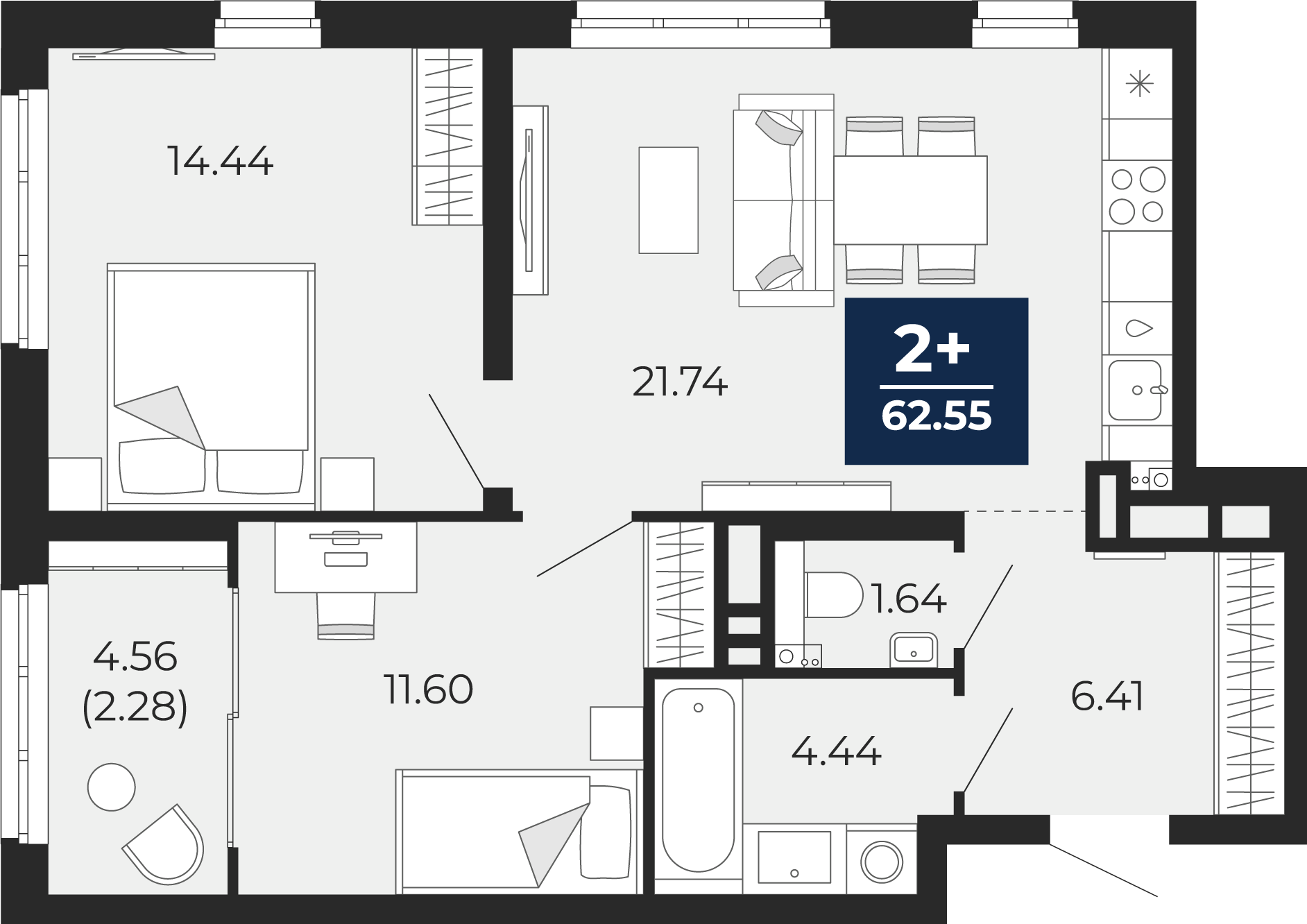 Квартира № 435, 2-комнатная, 62.55 кв. м, 20 этаж, проект «Беринг», корпус  ГП-74 по цене 6 920 000 ₽ от застройщика «ЭНКО»