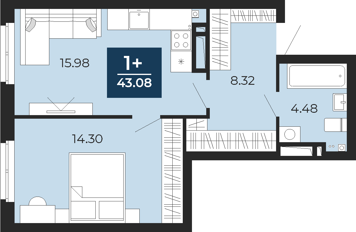 Квартира № 155, 1-комнатная, 43.08 кв. м, 13 этаж, проект «Прео», корпус  ГП-72.203 по цене 5 710 000 ₽ от застройщика «ЭНКО»