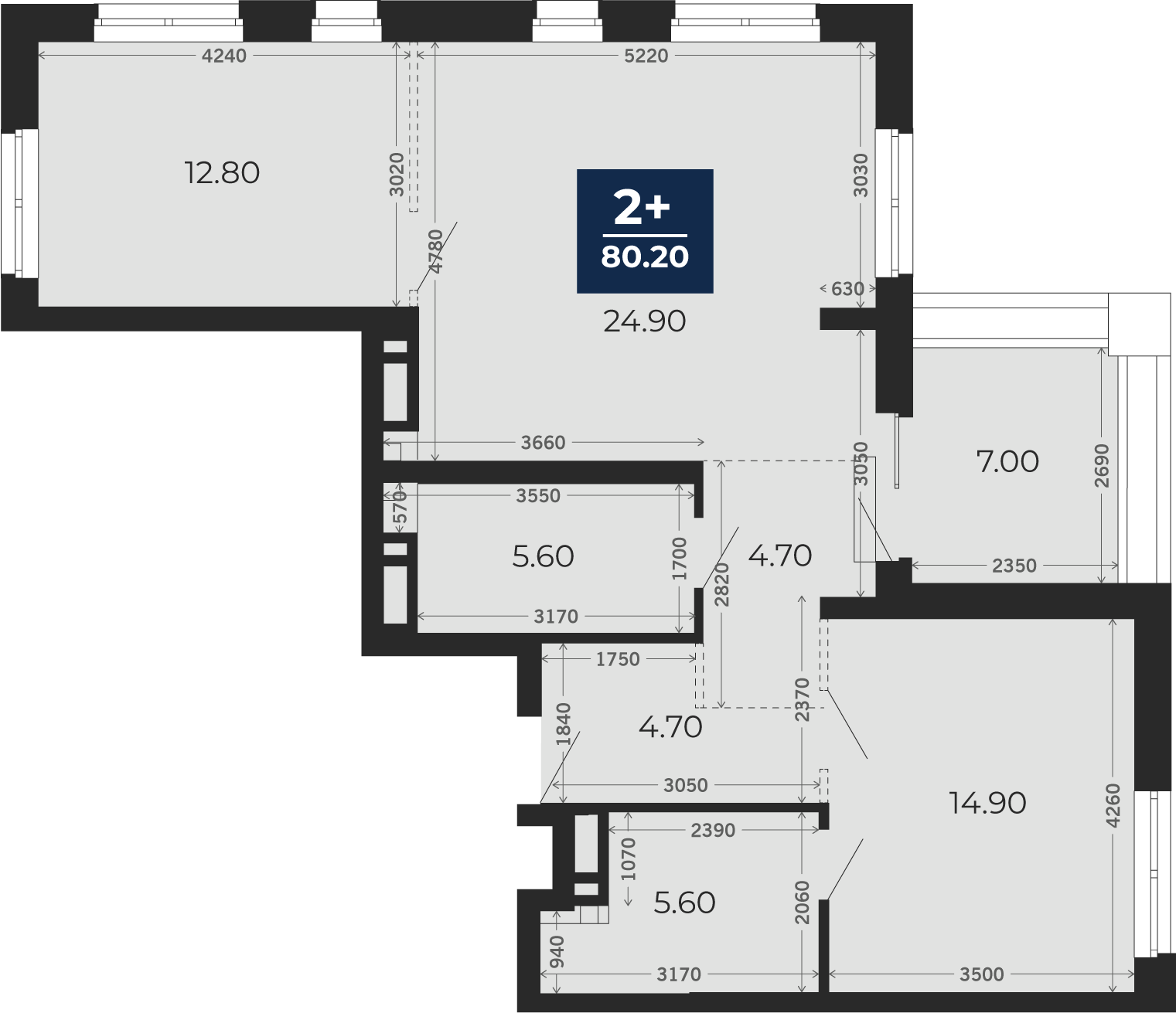 Квартира № 123, 2-комнатная, 80.2 кв. м, 16 этаж