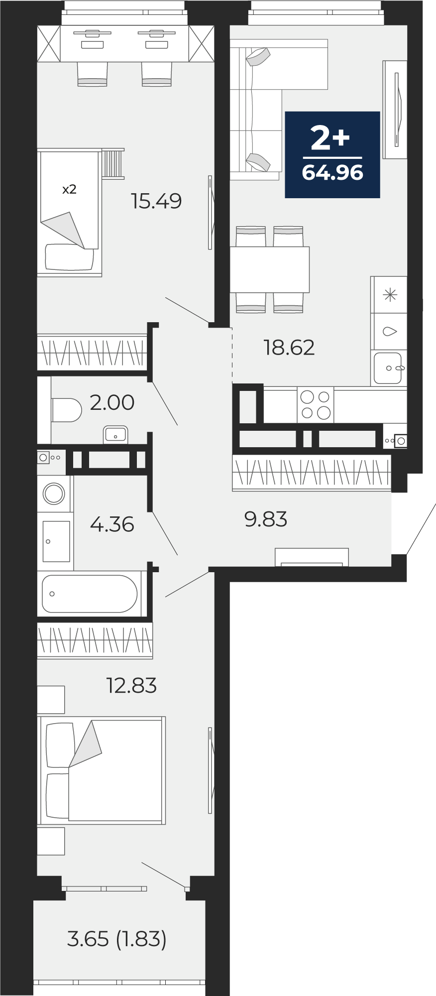 Квартира № 179, 2-комнатная, 64.96 кв. м, 8 этаж