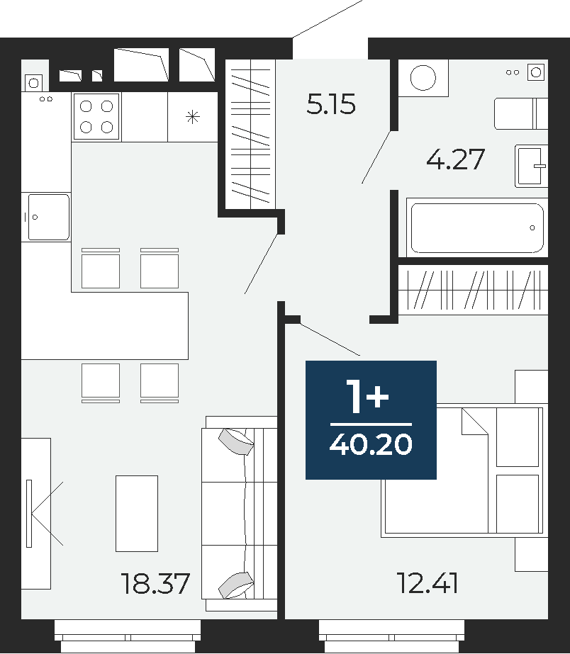 Квартира № 12, 1-комнатная, 40.2 кв. м, 2 этаж