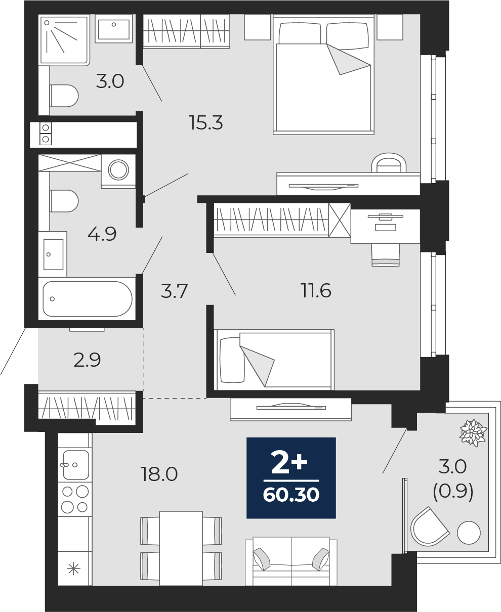 Планировка: Евротрешка 62.4 м² в ЖК Мириады, Мыс