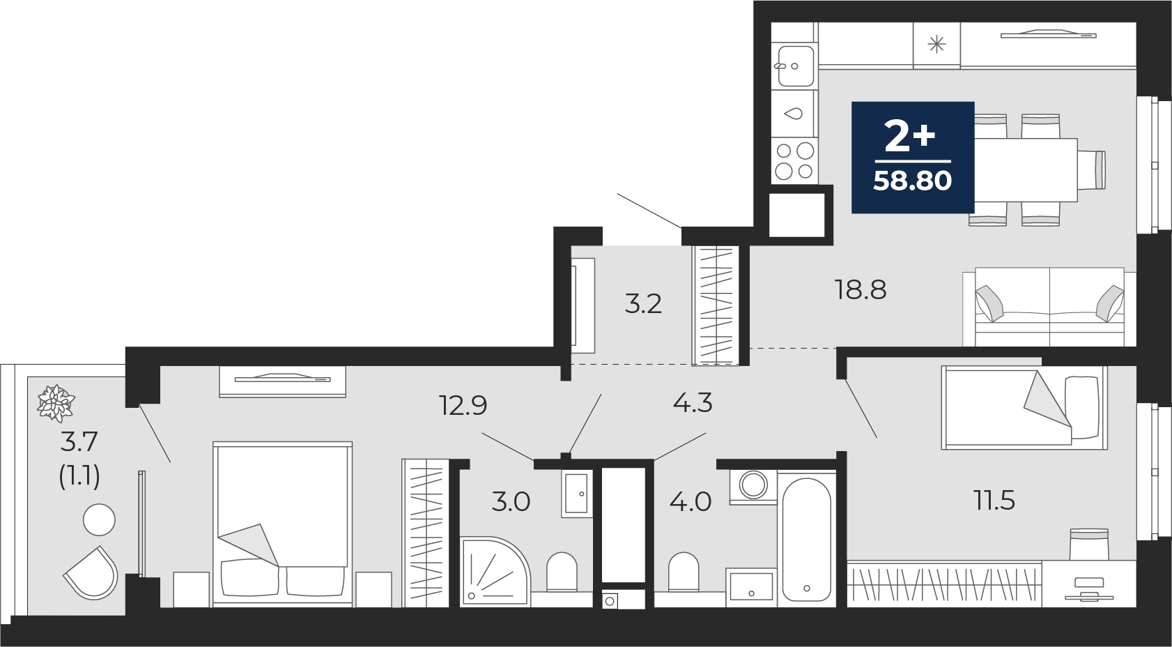 Планировка: Формат уточняется 61.4 м² в ЖК Мириады, Мыс