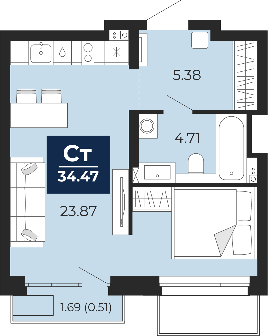 Квартира № 331, Студия, 34.47 кв. м, 2 этаж