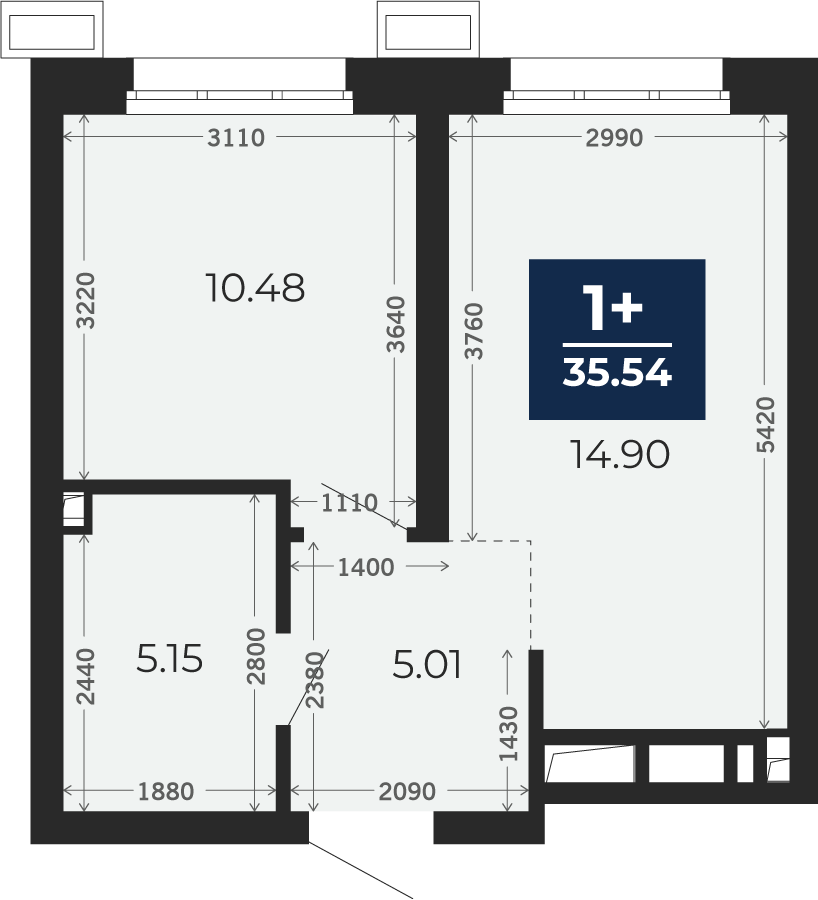 Квартира № 186, 1-комнатная, 35.54 кв. м, 1 этаж
