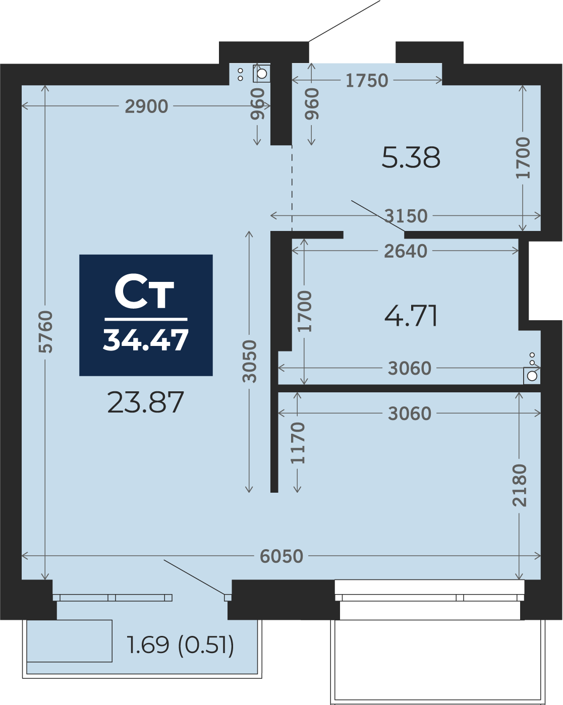 Квартира № 321, Студия, 34.47 кв. м, 2 этаж