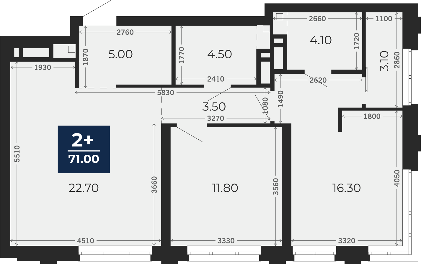 Квартира № 266, 2-комнатная, 71 кв. м, 3 этаж