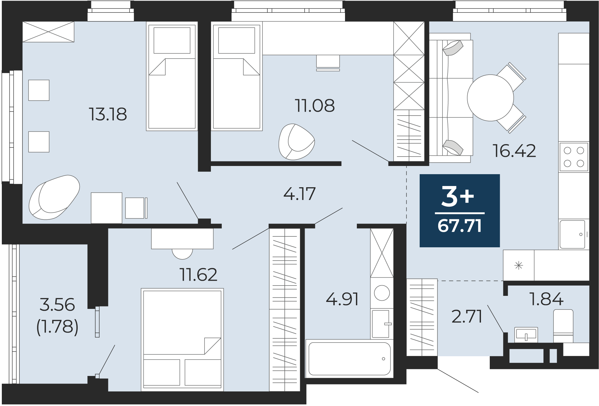 Квартира № 110, 3-комнатная, 67.71 кв. м, 10 этаж