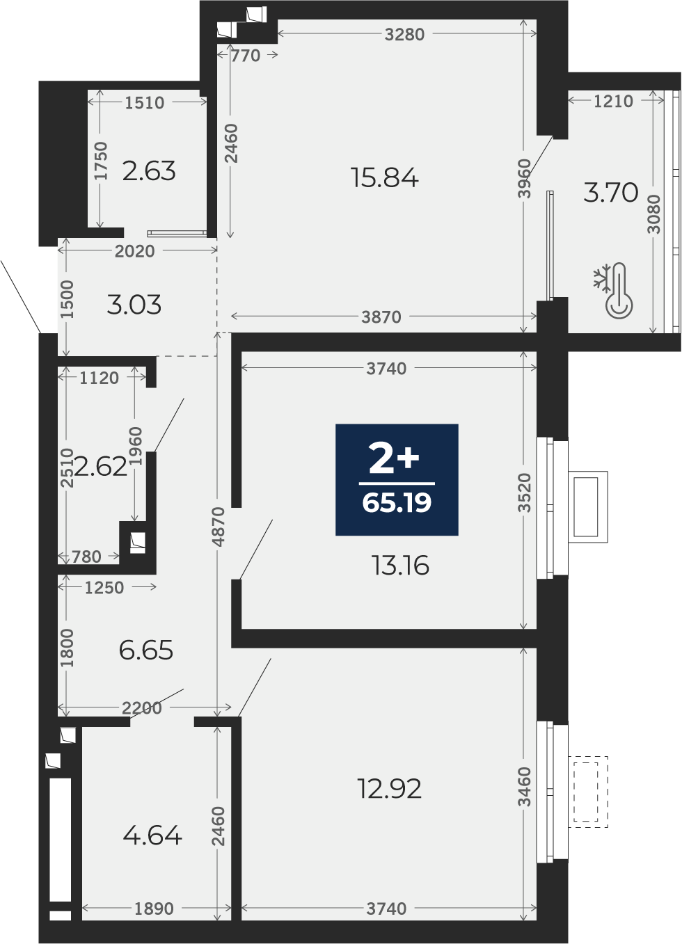 Квартира № 303, 2-комнатная, 65.19 кв. м, 2 этаж
