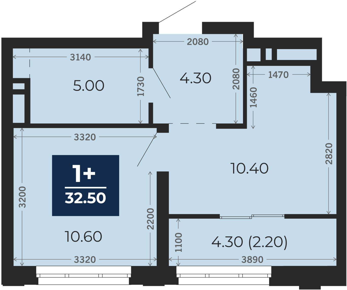 Квартира № 351, 1-комнатная, 32.5 кв. м, 18 этаж