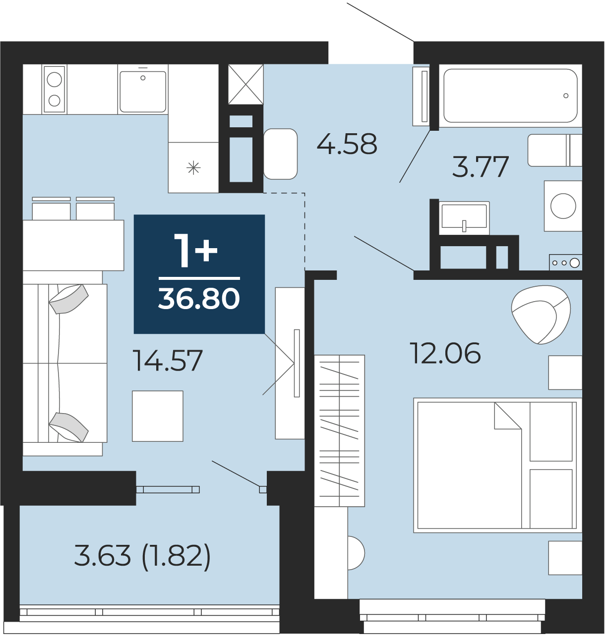 Квартира № 375, 1-комнатная, 36.8 кв. м, 6 этаж