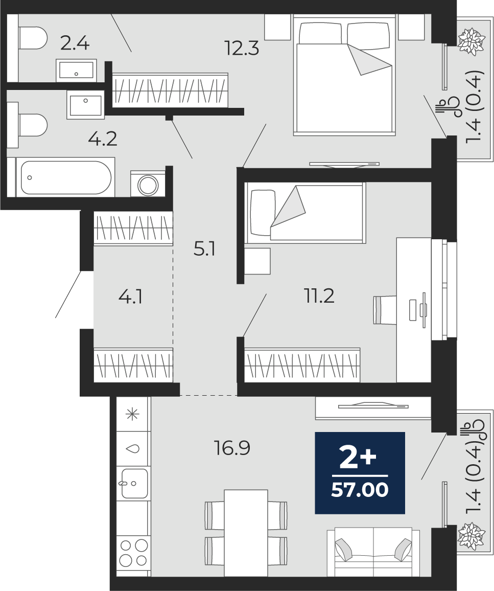 Планировка: Евротрешка 59 м² в ЖК Мириады, Мыс