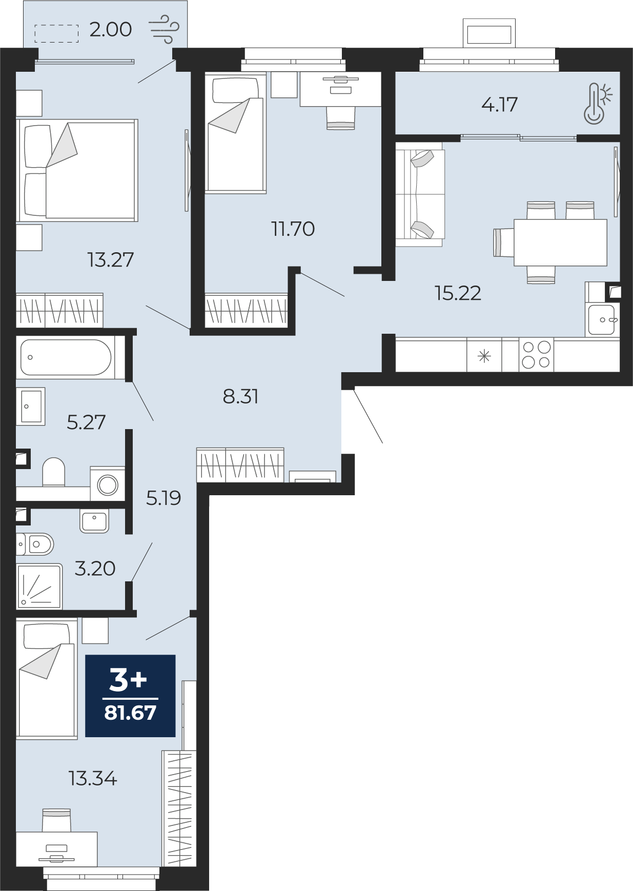 Квартира № 463, 3-комнатная, 81.67 кв. м, 2 этаж