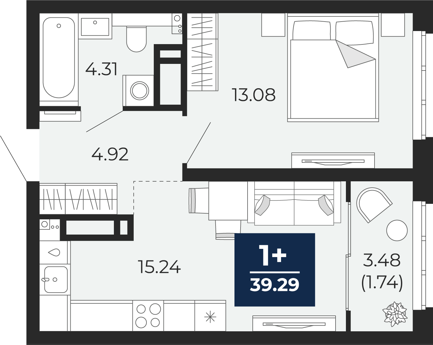 Квартира № 212, 1-комнатная, 39.29 кв. м, 22 этаж