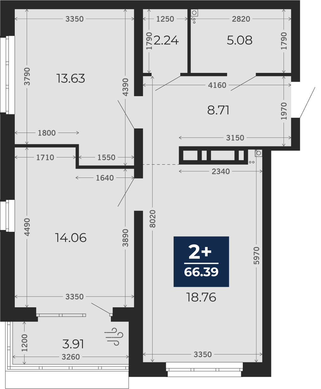 Квартира № 5, 2-комнатная, 66.39 кв. м, 2 этаж