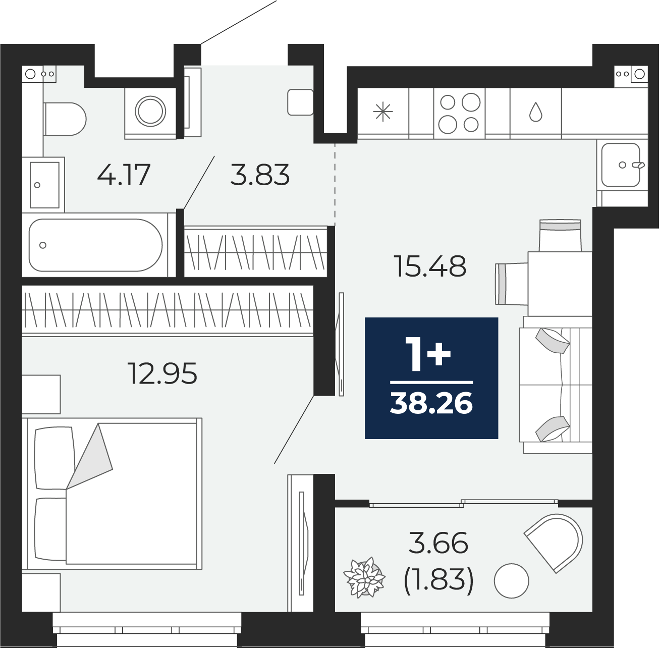 Квартира № 224, 1-комнатная, 38.26 кв. м, 2 этаж