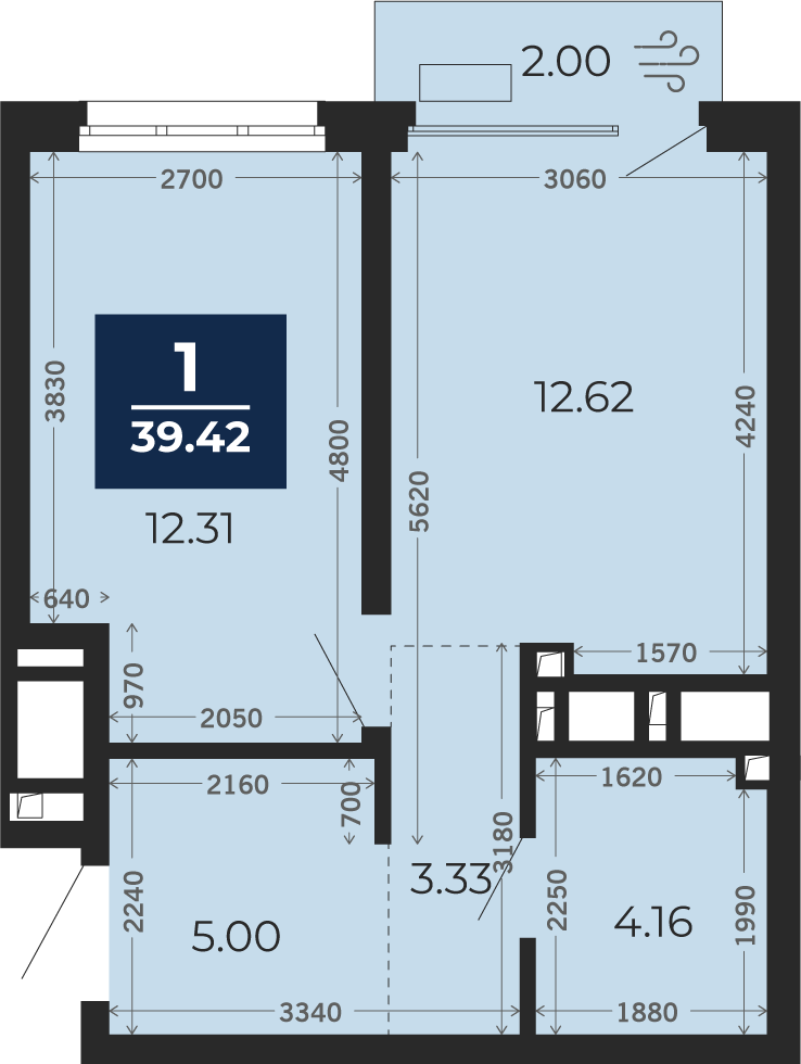Квартира № 881, 1-комнатная, 39.42 кв. м, 2 этаж