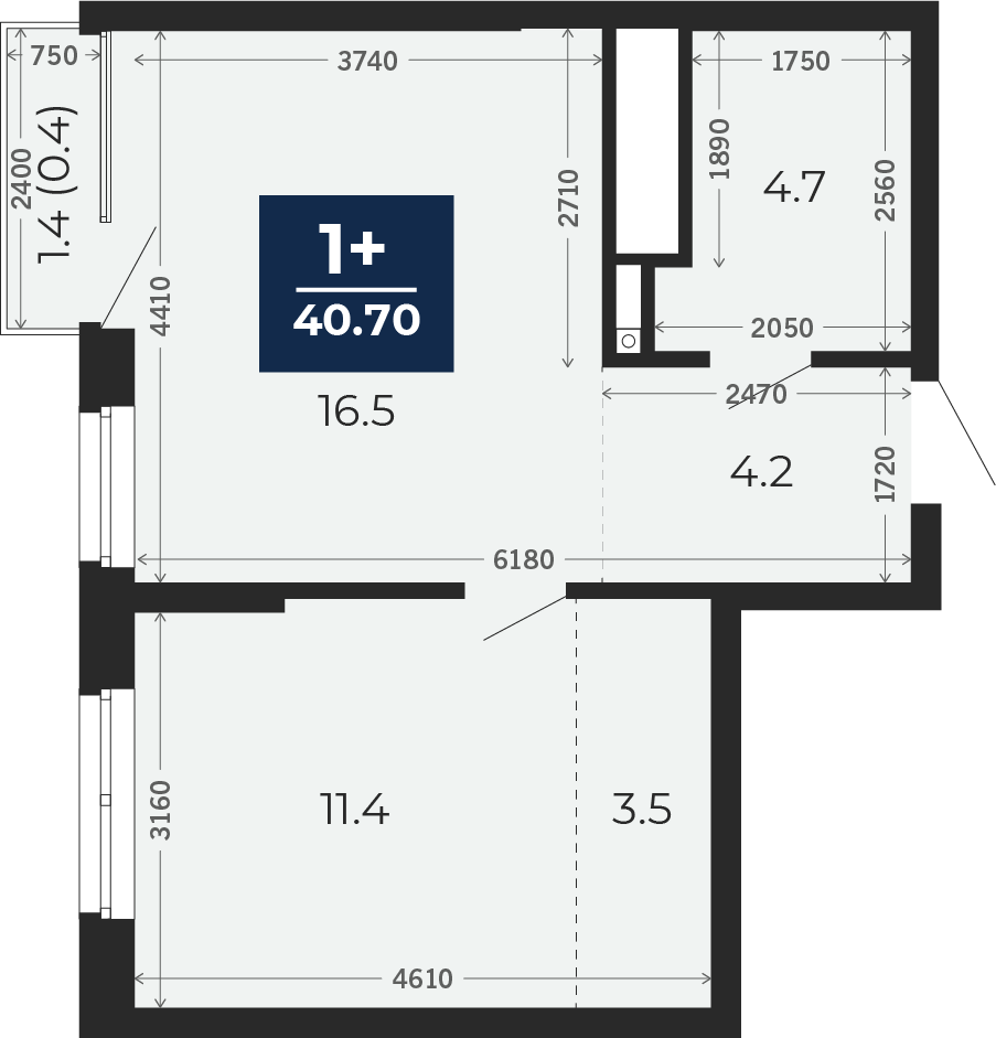 Квартира № 96, 1-комнатная, 41.7 кв. м, 18 этаж