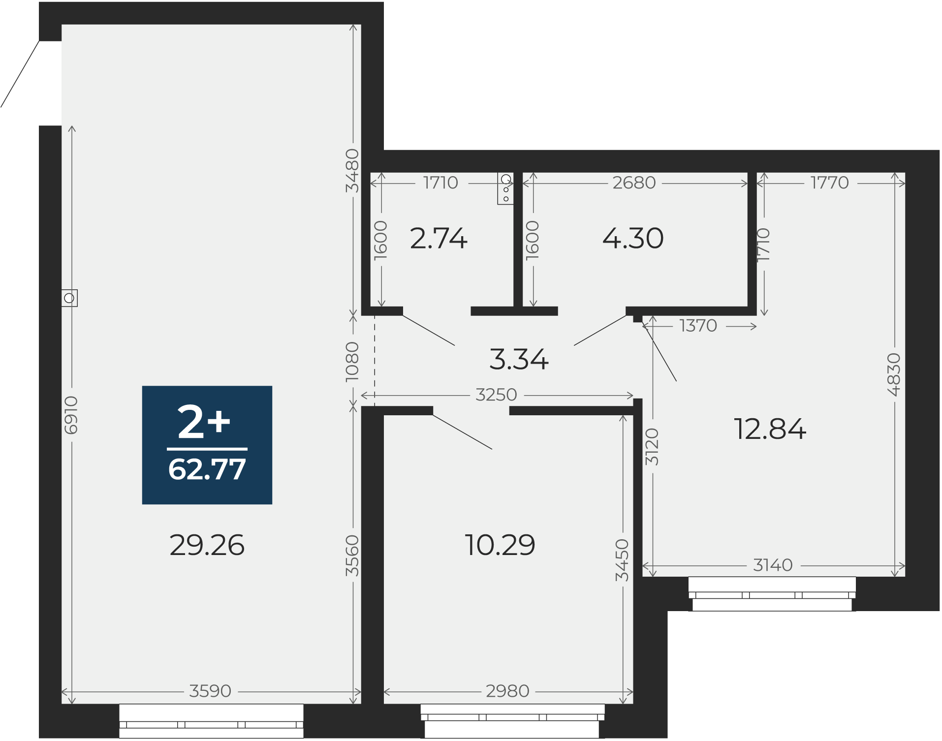 Квартира № 346, 2-комнатная, 62.77 кв. м, 1 этаж