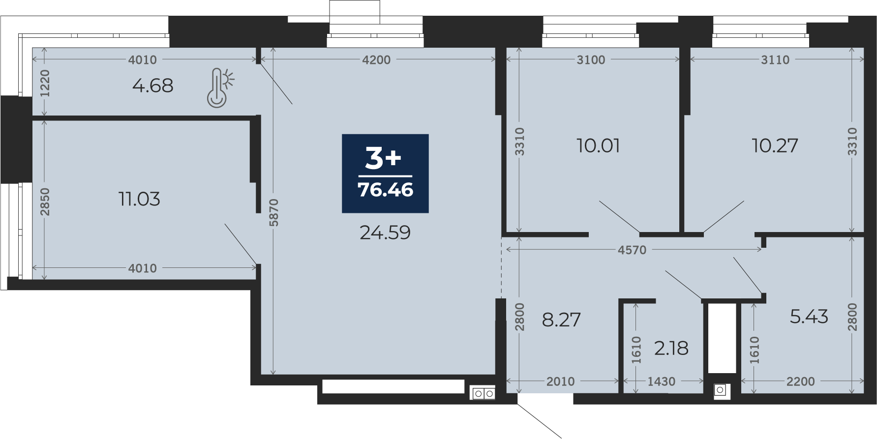 Квартира № 223, 3-комнатная, 76.46 кв. м, 2 этаж