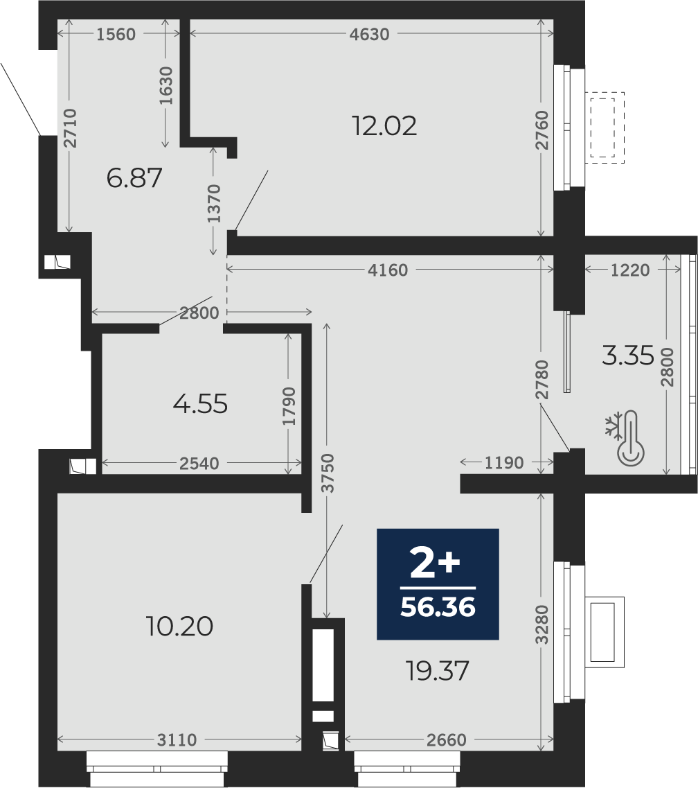 Квартира № 108, 2-комнатная, 56.36 кв. м, 17 этаж