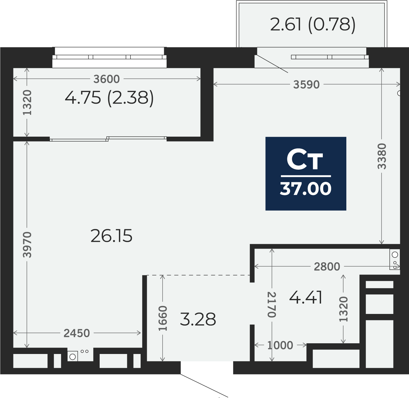 Квартира № 293, Студия, 37 кв. м, 13 этаж