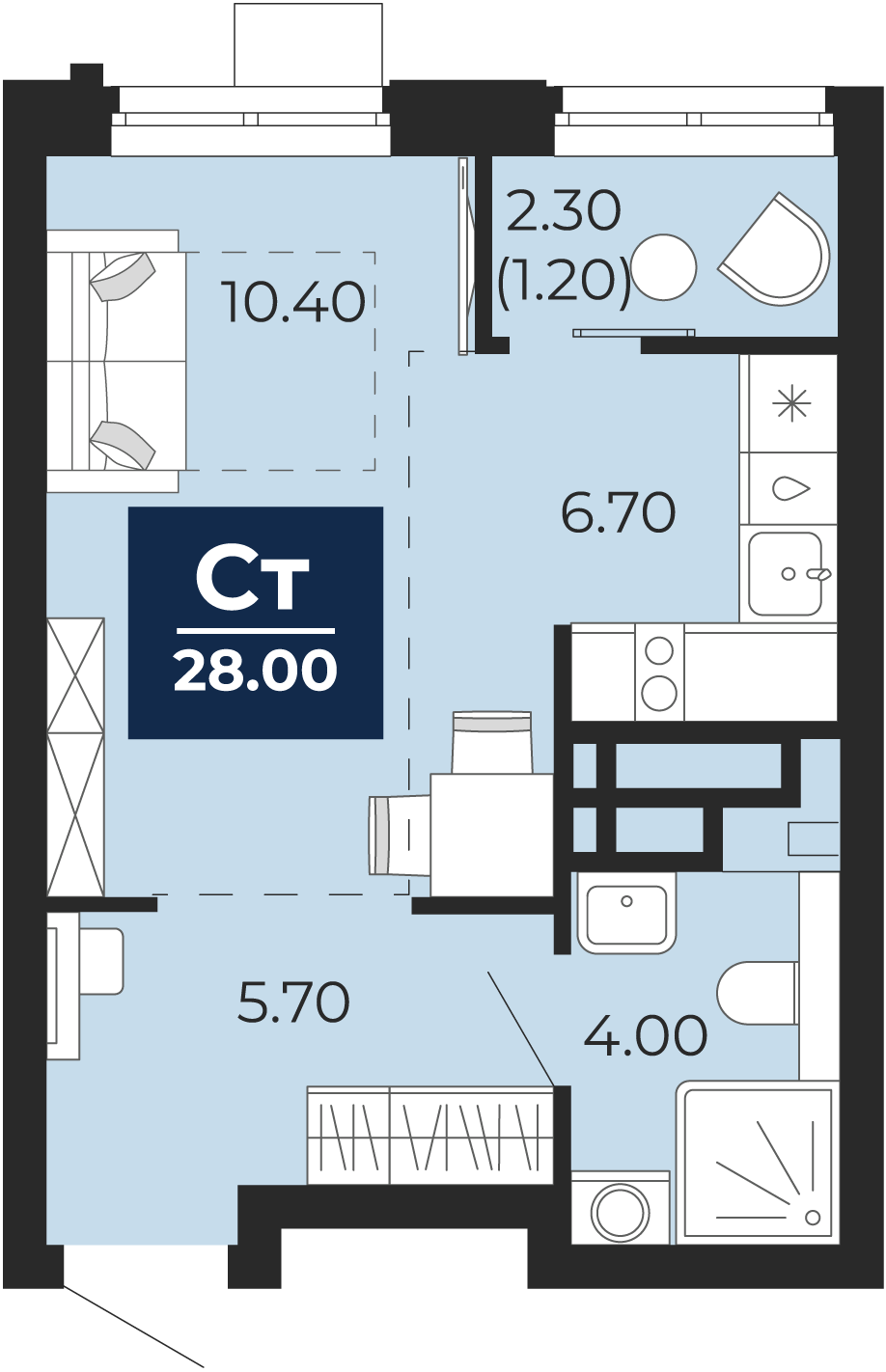 Квартира № 128, Студия, 28 кв. м, 6 этаж