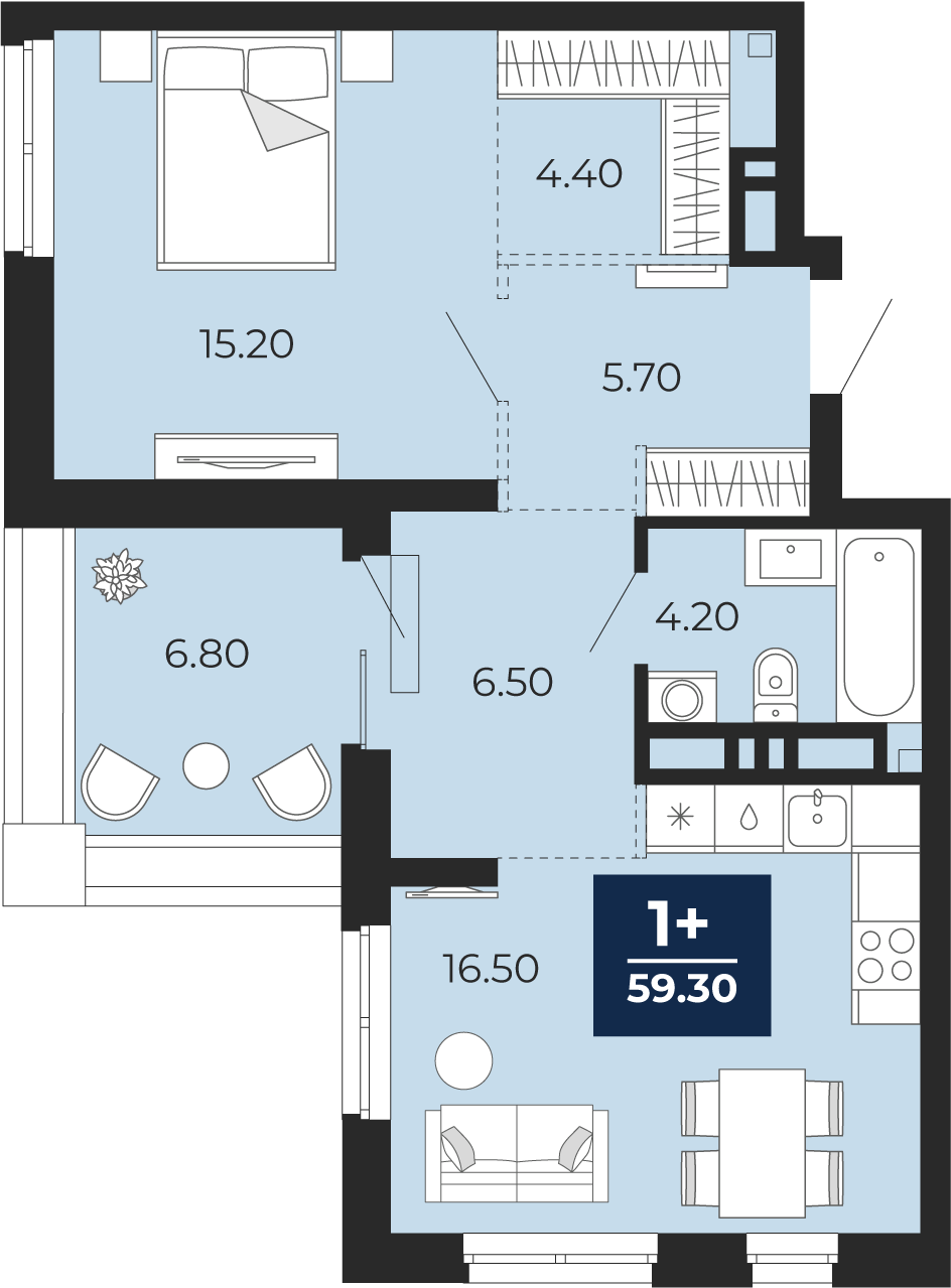 Квартира № 120, 1-комнатная, 59.3 кв. м, 16 этаж