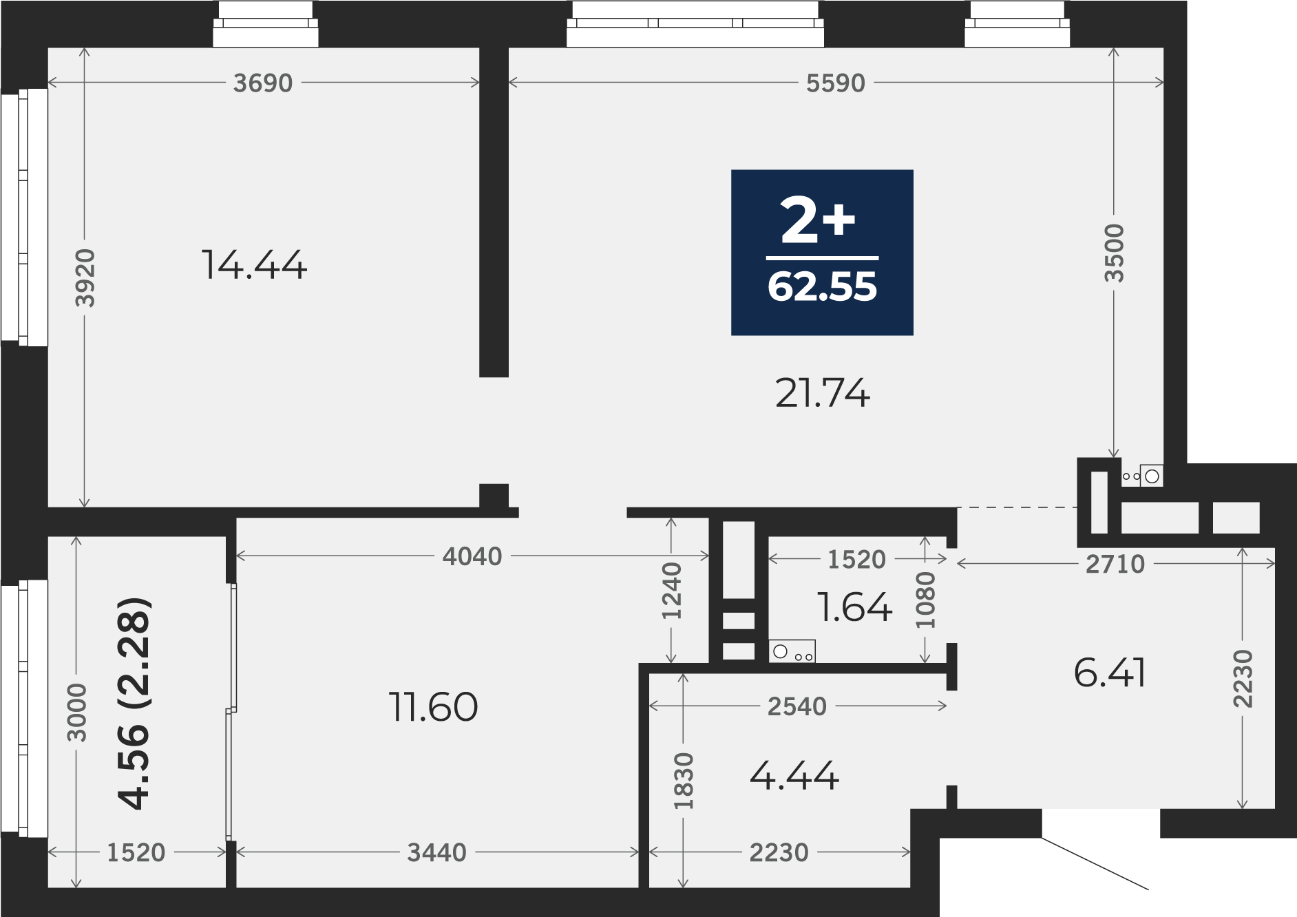 Квартира № 414, 2-комнатная, 62.55 кв. м, 17 этаж