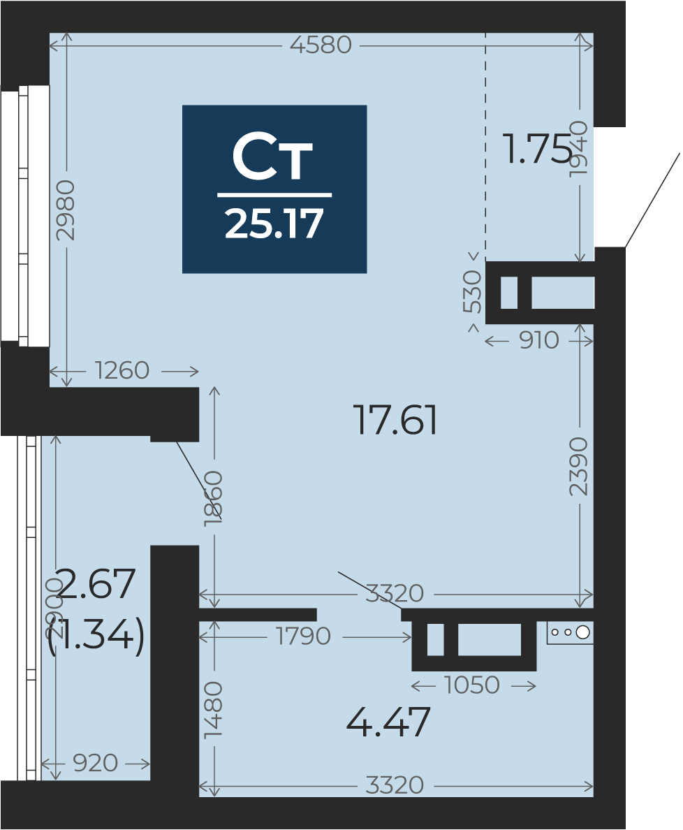 Квартира № 294, Студия, 23.5 кв. м, 5 этаж