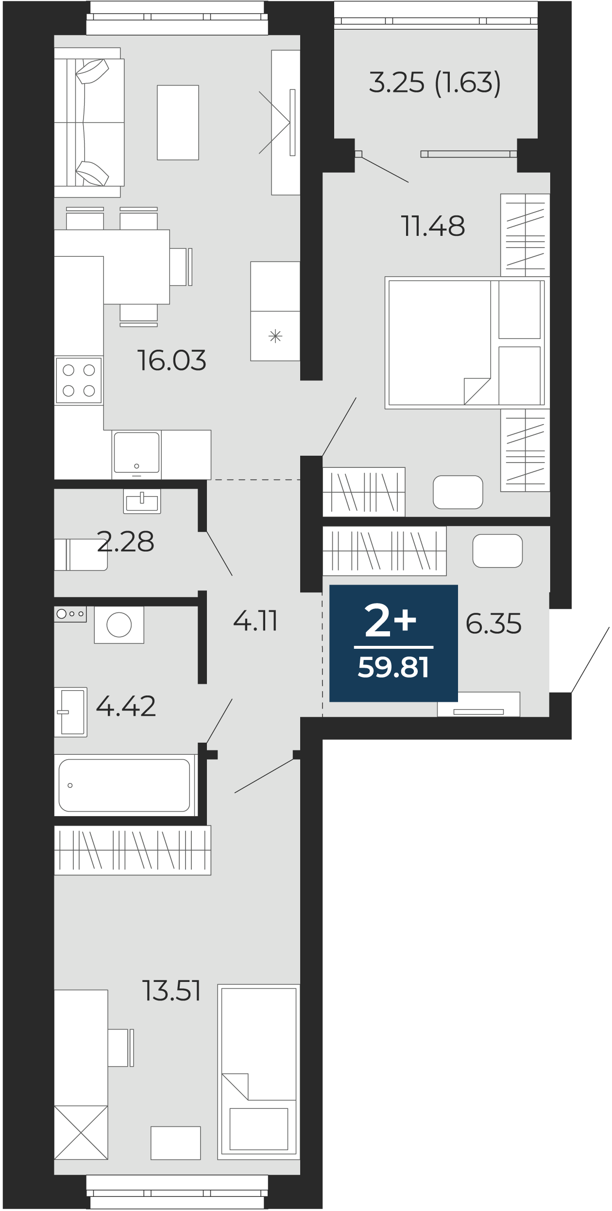 Квартира № 275, 2-комнатная, 59.81 кв. м, 2 этаж