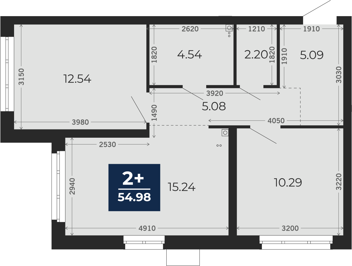 Квартира № 2, 2-комнатная, 54.98 кв. м, 1 этаж