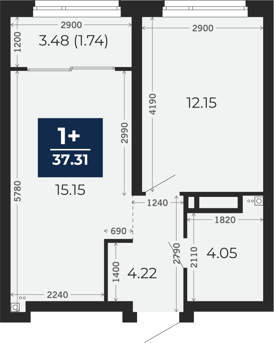 Квартира № 303, 1-комнатная, 37.31 кв. м, 20 этаж