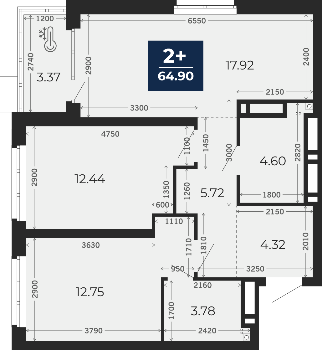 Квартира № 182, 2-комнатная, 63.22 кв. м, 13 этаж