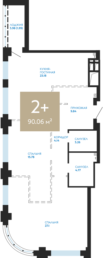 Квартира № 324, 2-комнатная, 90.06 кв. м, 2 этаж